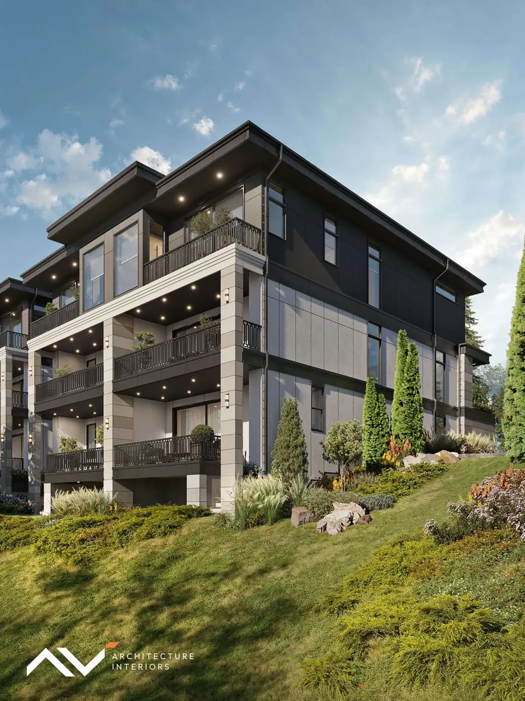Rendering of a modern townhome building at The Ridge, Vancouver, WA