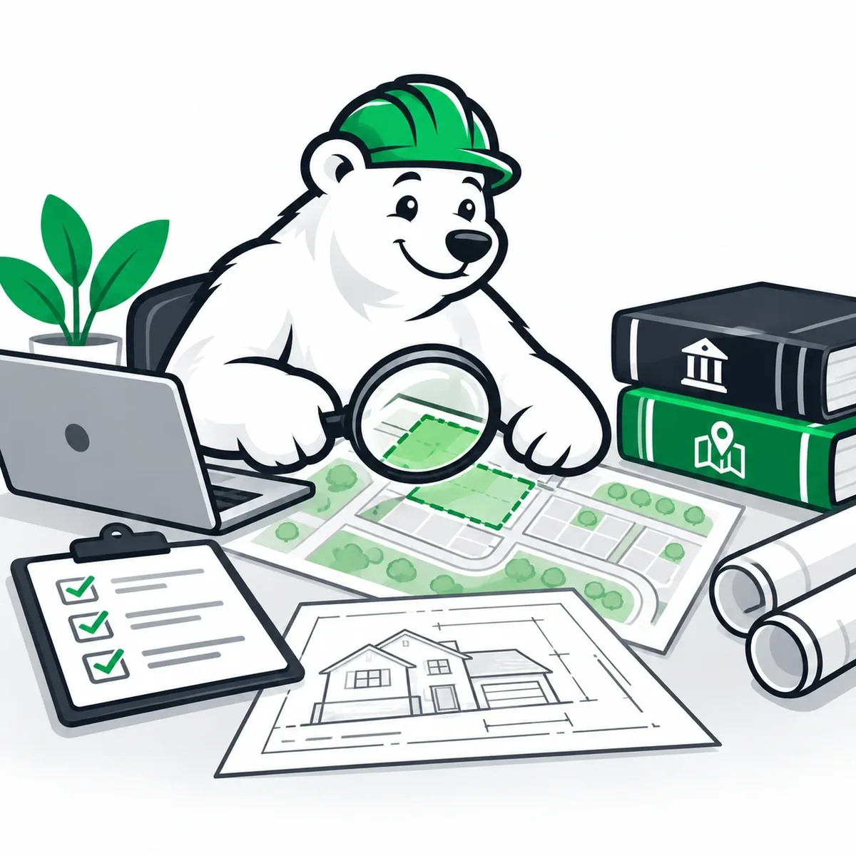 PermitNorth polar bear in a green hard hat reviewing a property map with a magnifying glass for a feasibility study.